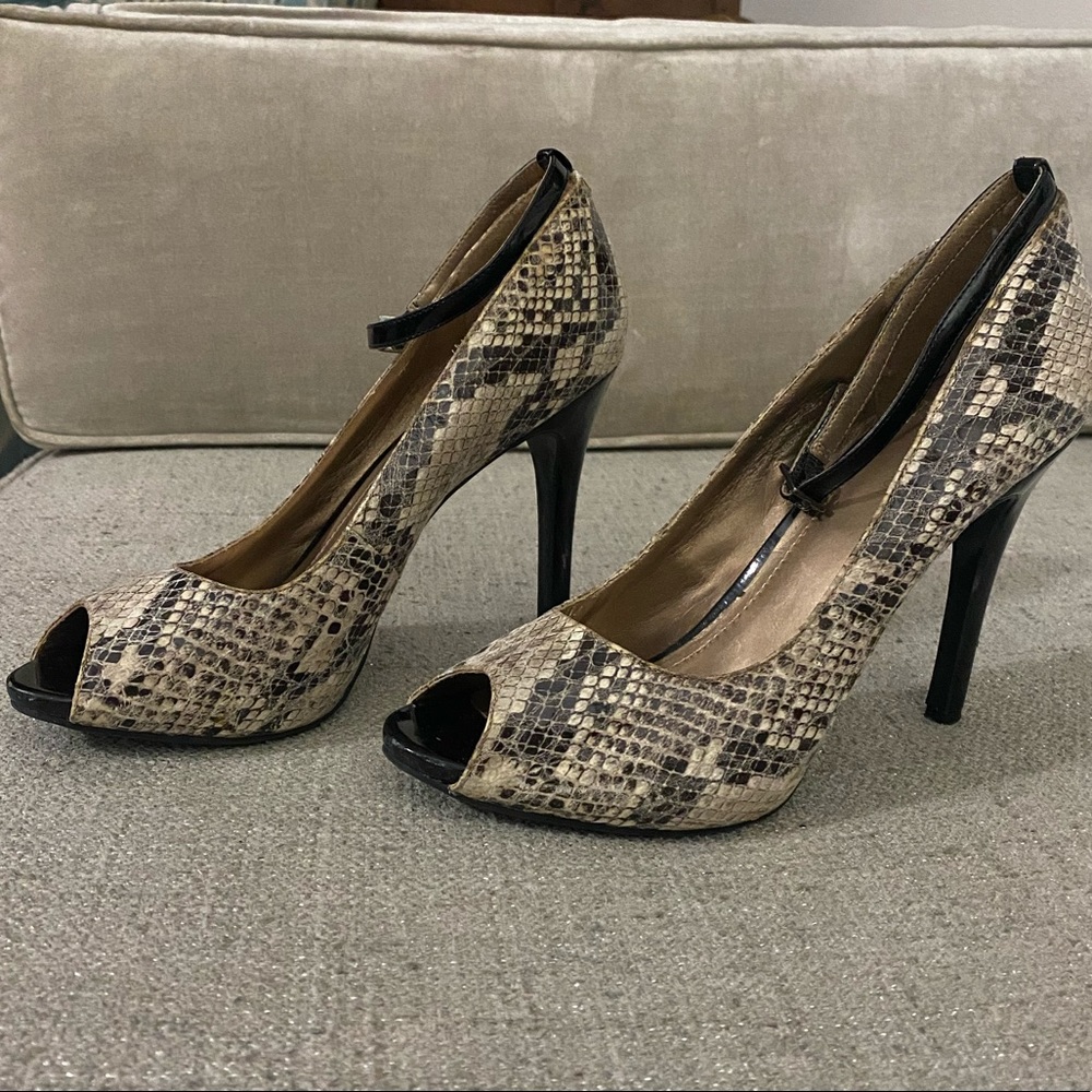 BCBGeneration Snakeskin Peep Toe Heels